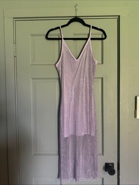 Lilac Mesh Slip Maxi Sequin Dress with Spaghetti Straps